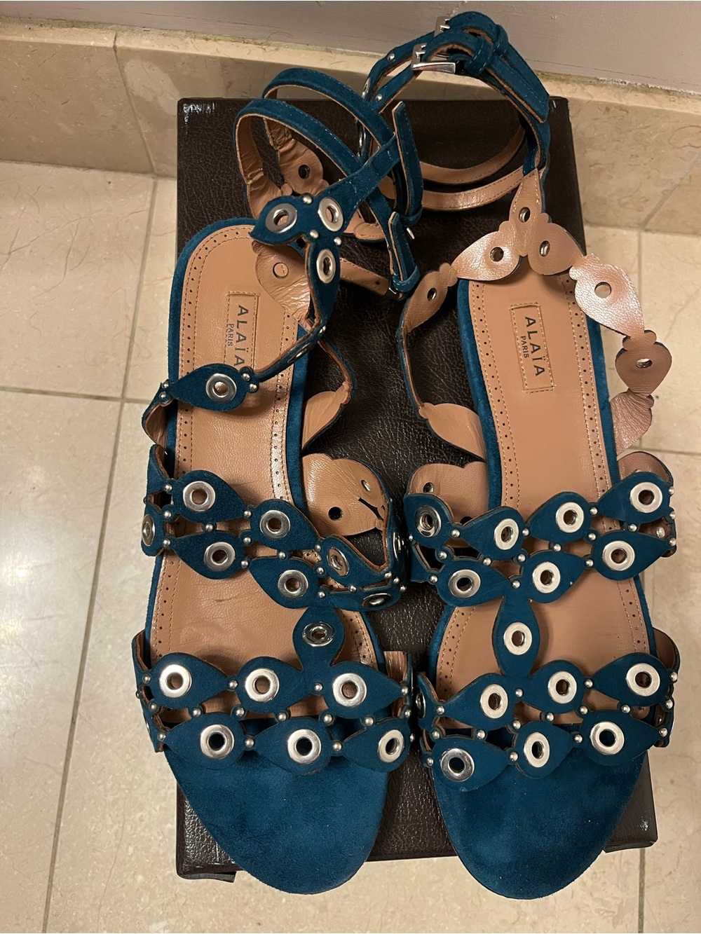 Alaïa Teal Suede Grommet Strap Sandals